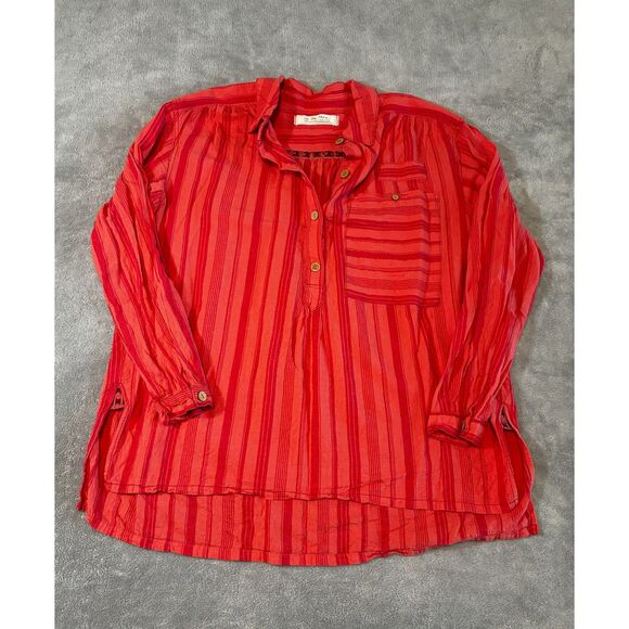 Free People Oversized Striped Tunic Top Coral Red Boho Button Down Shirt Large - Picture 1 of 8